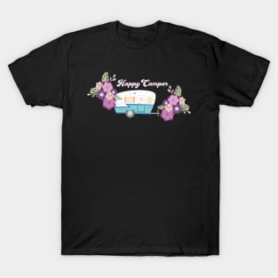 Happy Camper - Retro Trailer with Flowers T-Shirt